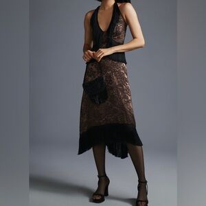 NWT By Anthropologie Fringed Velvet Halter Dress Art Deco Vibe Size 4